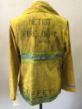 Mens, Fire Turnout Coat, TRANSON MFG, Yellow, Nomex, Solid, M, Long Sleeves, Velcro Closure, 4 Pockets, 3m Segmented Trim, Aged, "Metro Fire Dept.", "Coffey"
