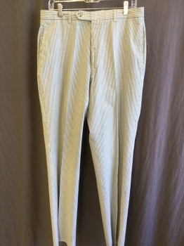 ALEXANDER JULIAN, Off White, Slate Blue, Cotton, Stripes - Vertical , Seersucker, 1.5" Waistband with Belt Hoops, Flat Front, Zip Front, 4 Pockets