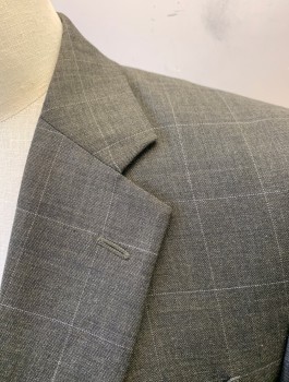 JOS A. BANK, Warm Gray, Gray, Wool, Grid , Brownish-Gray, Single Breasted, Notched Lapel, 2 Buttons, 3 Pockets