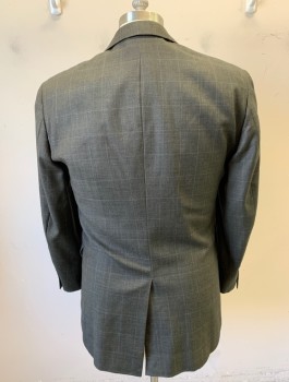 JOS A. BANK, Warm Gray, Gray, Wool, Grid , Brownish-Gray, Single Breasted, Notched Lapel, 2 Buttons, 3 Pockets