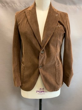 ELEVENTY, Brown, Cotton, Cashmere, Corduroy, Peaked Lapel, Single Breasted, Button Front, 2 Buttons,  3 Pockets, White Stitching on Pockets