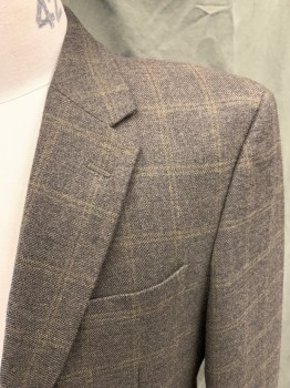 JOS A. BANKS, Brown, Black, Lt Brown, Wool, Heathered, Grid , Single Breasted, Collar Attached, Notched Lapel, 2 Buttons, 3 Pockets