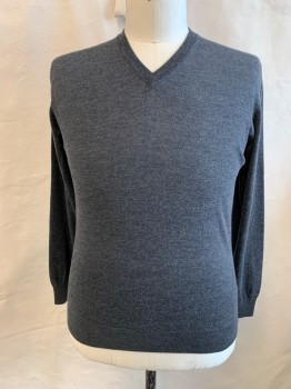 Mens, Pullover Sweater, CIFONELLI, Charcoal Gray, Wool, Heathered, L, Ribbed Knit V-neck/Waistband/Cuff