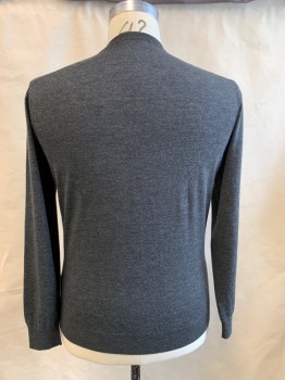 Mens, Pullover Sweater, CIFONELLI, Charcoal Gray, Wool, Heathered, L, Ribbed Knit V-neck/Waistband/Cuff