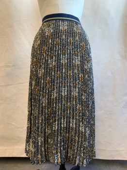 Womens, Skirt, Long, MORRIS & CO + H&M, Navy Blue, Gray, White, Brown, Polyester, Floral, Novelty Pattern, M, Accordion Pleated, Navy & Brown Stripped Elastic Waist