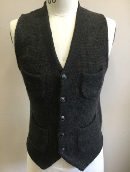 Mens, Sweater Vest, POLO RALPH LAUREN, Dk Gray, Charcoal Gray, Maroon Red, Wool, Alpaca, Speckled, Grid , S, Knit, 5 Button Front, V-neck, 4 Patch Pockets