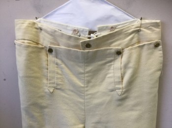 Mens, Historical Fiction Pants, N/L, Cream, Cotton, Solid, W:38, Military Uniform Breeches, Brushed Twill, Fall Front, Knee Length, Gold Buckle at Leg Opening, Open Vent with Twill Ties at Center Back Waist, Made To Order Reproduction Late 1700's Early 1800's