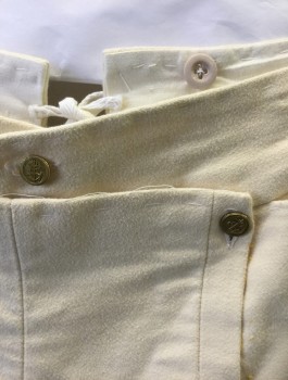Mens, Historical Fiction Pants, N/L, Cream, Cotton, Solid, W:38, Military Uniform Breeches, Brushed Twill, Fall Front, Knee Length, Gold Buckle at Leg Opening, Open Vent with Twill Ties at Center Back Waist, Made To Order Reproduction Late 1700's Early 1800's