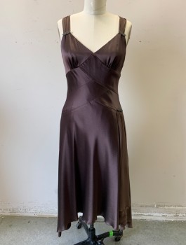 Womens, Cocktail Dress, JONES NEW YORK, Brown, Acetate, Polyester, Solid, W:28, B:34, H:36, Satin, Chiffon 2" Wide Gathered Straps, Diagonal Chevron Panels at Waist, Metal Brooch with Jewels at Straps and Chiffon Drape at Hip, Bias Cut, with High/Low Hemline, Retro - Could Work As 1920's - 1930's