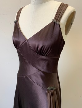 Womens, Cocktail Dress, JONES NEW YORK, Brown, Acetate, Polyester, Solid, W:28, B:34, H:36, Satin, Chiffon 2" Wide Gathered Straps, Diagonal Chevron Panels at Waist, Metal Brooch with Jewels at Straps and Chiffon Drape at Hip, Bias Cut, with High/Low Hemline, Retro - Could Work As 1920's - 1930's
