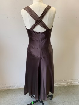 JONES NEW YORK, Brown, Acetate, Polyester, Solid, Satin, Chiffon 2" Wide Gathered Straps, Diagonal Chevron Panels at Waist, Metal Brooch with Jewels at Straps and Chiffon Drape at Hip, Bias Cut, with High/Low Hemline, Retro - Could Work As 1920's - 1930's
