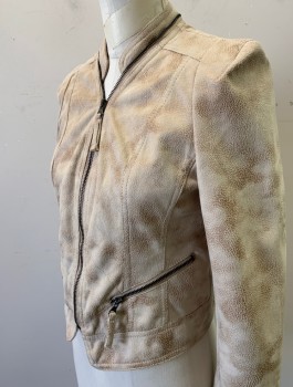 Womens, Leather Jacket, SOLITAIRE, Taupe, Brown, Faux Leather, Mottled, S, Faux Suede, Zip Front, 2 Zip Pockets, Band Collar, Fitted
