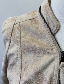 SOLITAIRE, Taupe, Brown, Faux Leather, Mottled, Faux Suede, Zip Front, 2 Zip Pockets, Band Collar, Fitted