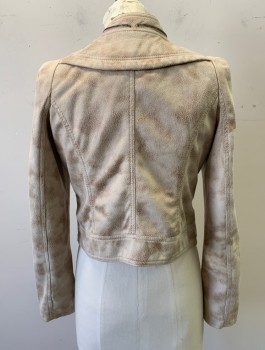 Womens, Leather Jacket, SOLITAIRE, Taupe, Brown, Faux Leather, Mottled, S, Faux Suede, Zip Front, 2 Zip Pockets, Band Collar, Fitted