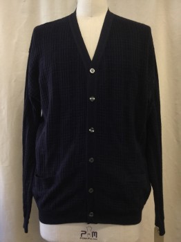 Mens, Cardigan Sweater, SEGRETO, Navy Blue, Wool, Solid, Grid , XL, Button Front, Self Grid Knit, 2 Pockets,