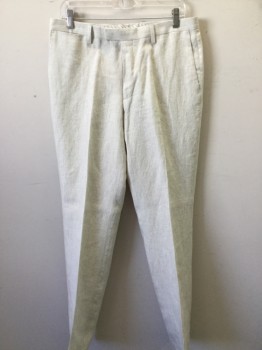 Mens, Casual Pants, BANANA REPUBLIC, Khaki Brown, White, Linen, Stripes - Vertical , 32, 32, Flat Front,  5 Pockets,