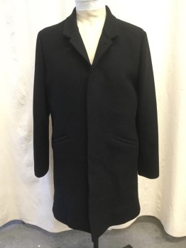 Mens, Coat, Overcoat, CALIBRATE, Black, Wool, Polyester, Solid, XL, 42, Notched Lapel, Concealed 5 Button Up Closure, 2 Welt Pockets, Above the Knee Length