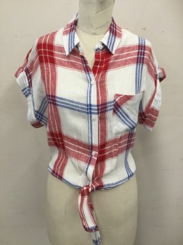 RAILS, White, Red, Blue, Linen, Rayon, Plaid, Button Front, Collar Attached, Tie Center Front Hem, 1 Pocket, Drop Short Sleeves Rolled Cuff