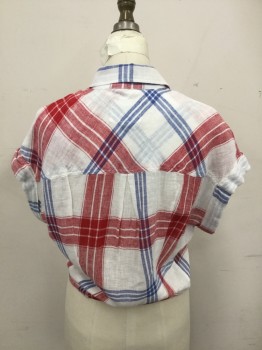 Womens, Top, RAILS, White, Red, Blue, Linen, Rayon, Plaid, S, Button Front, Collar Attached, Tie Center Front Hem, 1 Pocket, Drop Short Sleeves Rolled Cuff