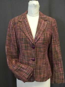 Womens, Blazer, JONES NEW YORK, Pink, Wine Red, Olive Green, Viscose, Polyester, Heathered, 8p, Homespun Weave in Heathered Pattern of Various Shades of Pink & Olive. 2 Button Single Breasted, Notched Lapel, 2 Hidden Slit Pockets, Self Belted Back Waist