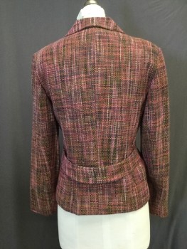 Womens, Blazer, JONES NEW YORK, Pink, Wine Red, Olive Green, Viscose, Polyester, Heathered, 8p, Homespun Weave in Heathered Pattern of Various Shades of Pink & Olive. 2 Button Single Breasted, Notched Lapel, 2 Hidden Slit Pockets, Self Belted Back Waist