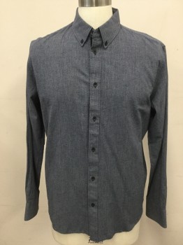 RAG & BONE, Navy Blue, White, Cotton, Polyamide, Mottled, Static-like Pattern, Button Front, Collar Attached, Button Down Collar, Long Sleeves