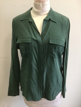L'AGENCE, Moss Green, Silk, Solid, Crepe, L/S, Button Front, CA, 2 Patch Pockets with Pleat at Center, Flap Closure
