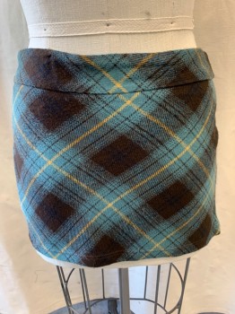 Womens, Skirt, Mini, REFERENCE, Teal Green, Black, Yellow, Wool, Plaid, W: 32, Wrap Around Skirt, Pleated, Strap & Buckle Closures On Left Side (Top Strap is Distressed)