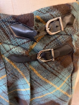 Womens, Skirt, Mini, REFERENCE, Teal Green, Black, Yellow, Wool, Plaid, W: 32, Wrap Around Skirt, Pleated, Strap & Buckle Closures On Left Side (Top Strap is Distressed)