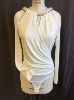 BEBE, Cream, Polyester, Spandex, Solid, Round Neck with Gold Chain Link Necklace Braid Into It, Cut Out 3  Holes Wrap Over Round Neck & Overlap to Side Gathered, Leotard Bottom, Long Sleeves, Key Hole Back with 2 Hook & Eye