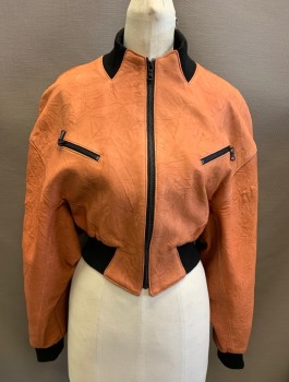 JONATHAN A. LOGAN, Clay Orange, Black, Leather, Color Blocking, Zip Front, Black Ribbed Stand Collar, Elastic Waistband, 2 Zip Pockets, MULTIPLES