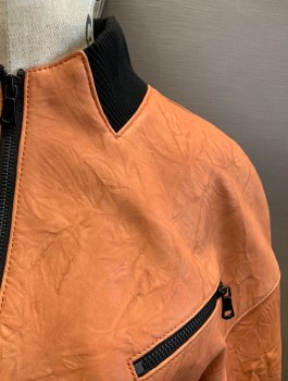 JONATHAN A. LOGAN, Clay Orange, Black, Leather, Color Blocking, Zip Front, Black Ribbed Stand Collar, Elastic Waistband, 2 Zip Pockets, MULTIPLES