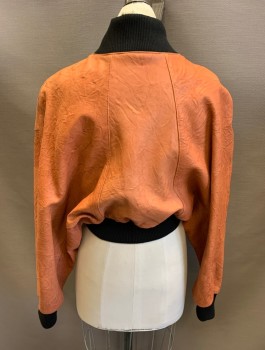 Womens, Leather Jacket, JONATHAN A. LOGAN, Clay Orange, Black, Leather, Color Blocking, S, Zip Front, Black Ribbed Stand Collar, Elastic Waistband, 2 Zip Pockets, MULTIPLES