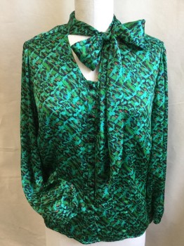 Womens, Blouse, ELEMENTZ, Teal Green, Lime Green, Orange, Blue, Black, Polyester, Abstract , L, U Neck with Self Wide Bow-tie Attached, Black Button Front, Long Sleeves with Thin Elastic Hem