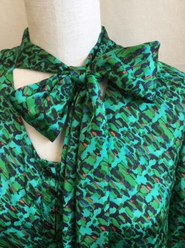 Womens, Blouse, ELEMENTZ, Teal Green, Lime Green, Orange, Blue, Black, Polyester, Abstract , L, U Neck with Self Wide Bow-tie Attached, Black Button Front, Long Sleeves with Thin Elastic Hem