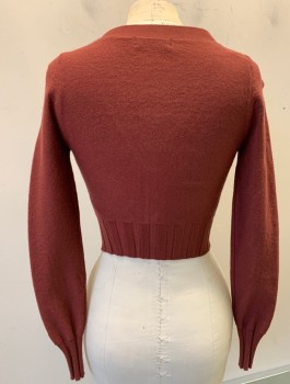 URBAN OUTFITTERS, Sienna Brown, Viscose, Polyester, Solid, Knit, L/S, V-Neck, Cropped Length, Fitted