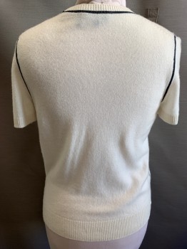 Womens, Pullover, THEORY, Cream, Black, Cashmere, Solid, L, Crew Neck, Short Sleeves,