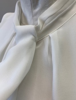 Womens, Blouse, CALVIN KLEIN, White, Polyester, Solid, XL, Chiffon, Sleeveless, Pleated Stand Collar with Hanging Fabric Tab at Front, Chunky White Zipper in Back with 2 Gold Buttons at Neck