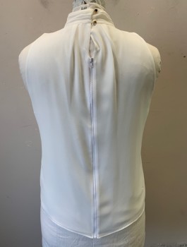 Womens, Blouse, CALVIN KLEIN, White, Polyester, Solid, XL, Chiffon, Sleeveless, Pleated Stand Collar with Hanging Fabric Tab at Front, Chunky White Zipper in Back with 2 Gold Buttons at Neck