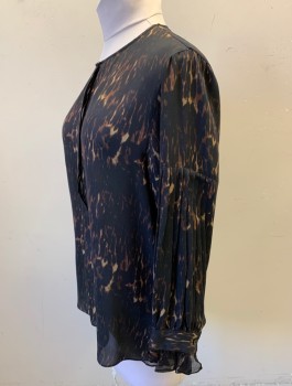 Womens, Blouse, KOBI HALPERIN, Black, Brown, Tan Brown, Silk, Animal Print, L, Leopard Spots, Chiffon, Long Sleeves, Round Neck with 5 Button Placket, Vertical Pleats at Lower Sleeve, Ruffled Cuff, Oversized Fit, High End