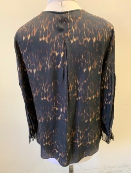 Womens, Blouse, KOBI HALPERIN, Black, Brown, Tan Brown, Silk, Animal Print, L, Leopard Spots, Chiffon, Long Sleeves, Round Neck with 5 Button Placket, Vertical Pleats at Lower Sleeve, Ruffled Cuff, Oversized Fit, High End