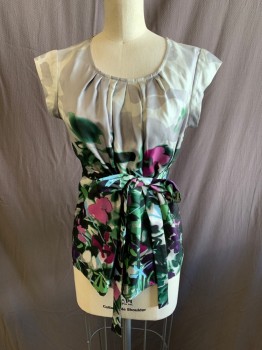 Womens, Top, MINT, Lt Gray, Gray, Forest Green, Green, Black, Silk, Floral, 2, Scoop Neck, Cap Sleeves, Belted Waist, Key Hole Back