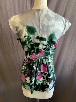 Womens, Top, MINT, Lt Gray, Gray, Forest Green, Green, Black, Silk, Floral, 2, Scoop Neck, Cap Sleeves, Belted Waist, Key Hole Back