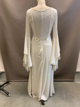 LIP SERVICE, Off White, White, Synthetic, Solid, Velour/Satin, Full Length, Zip Back, Long Bell Sleeves With Lace, Embroidery Trim At Neck And Bodice, Renaissance Fantasy *small Tear At CB At Zipper End