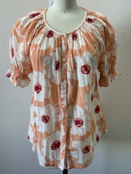 Womens, Blouse, MADEWELL, Peach Orange, White, Maroon Red, Cotton, Floral, S, Sheer/Lightweight Fabric, S/S, Scoop Neck, Button Front, Smocking At Arm Openings And Neck
