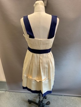 N/L, Cream, Navy Blue, Acetate, Rayon, Solid, Grosgrain Strap, with Bow, Faille Fabric Dress, Side Zipper, Flange Hem Detail.