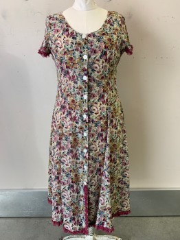 NO LABEL, Beige, Purple, Green, Dk Blue, Polyester, Floral, S/S, Scoop Neck, Button Front, Lace Trim on Sleeves and Bottom,