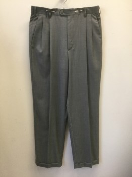ZANELLA, Gray, Wool, Solid, Double Pleated, Button Tab Waist, Zip Fly, 4 Pockets, Relaxed Leg, Cuffed Hems