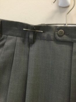 ZANELLA, Gray, Wool, Solid, Double Pleated, Button Tab Waist, Zip Fly, 4 Pockets, Relaxed Leg, Cuffed Hems
