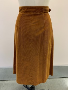 LIZ CLAIBORNE, Caramel Brown, Cotton, Solid, Below Knee Length, Pleated, Zip Front With Side Buckle, Side Pockets, Corduroy, A-Line